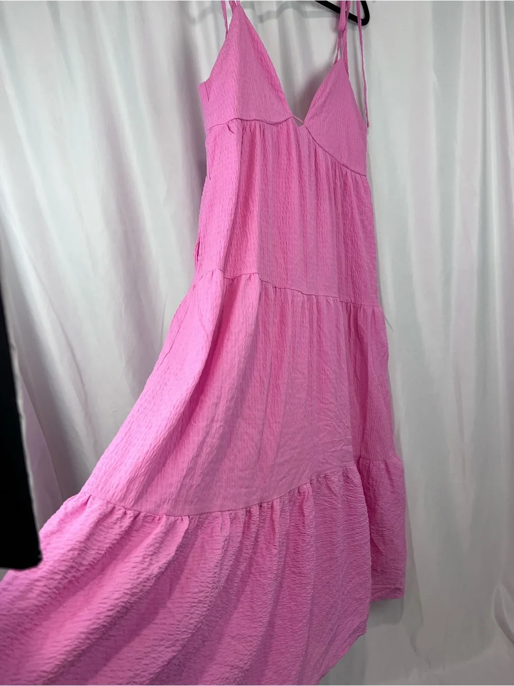 Lulu's Let the Sun Beam Pink Tie-Straps Tiered Midi Dress With Pockets - Picture 8 of 13